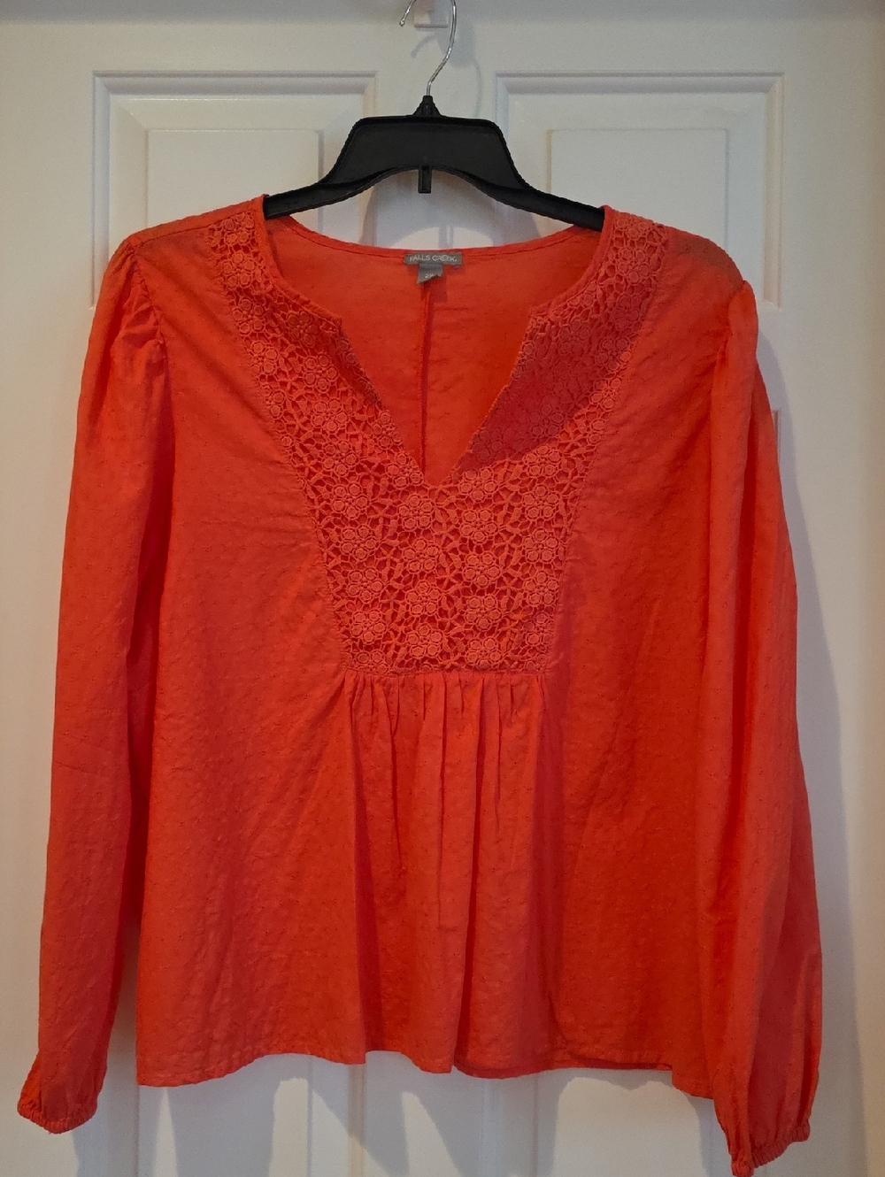 Womwn's 2X Falls Creek Coral Crochet Yoke Long-Sleeve Blouse